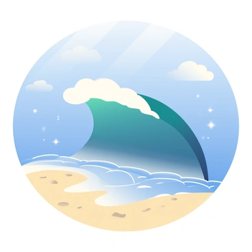 A single large wave is crashing onto a sandy beach. The wave is a deep blue at its crest, transitioning to white foam as it breaks. The sandy beach is a light golden color, with small pebbles scattered throughout. In the background, the sky is clear with a bright blue hue, and a few wispy white clouds add texture. The sunlight glistens on the surface of the water, creating sparkling reflections.