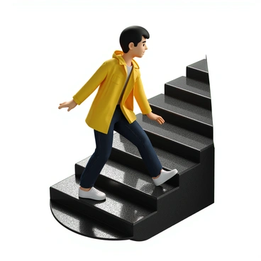 A person with medium skin tone and short hair is descending a wet staircase. They are wearing a yellow rain jacket and dark jeans, looking down at the steps with a focused expression. One foot is slightly forward, while the other is behind, creating a pose that suggests a cautious descent. The staircase has shiny, slick surfaces with raindrops glistening. The person's hands are outstretched for balance, just as they are about to slip but manage to catch themselves. The surrounding area shows hints of wetness and reflects the light.