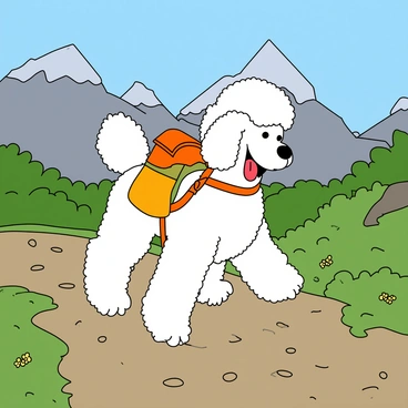 A poodle hiking up a mountain trail with a small backpack