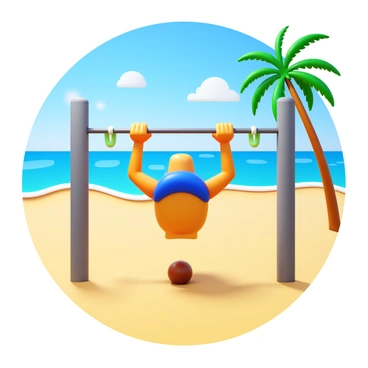 A person performing pull-ups on a metal bar. The bar is positioned on a sandy beach, with bright sunlight casting shadows on the ground. The individual is wearing athletic clothing, and their muscles are visibly defined as they pull themselves up. In the background, gentle waves can be seen lapping at the shore, and a few palm trees sway lightly in the breeze. The sky is clear with a few fluffy clouds scattered throughout.