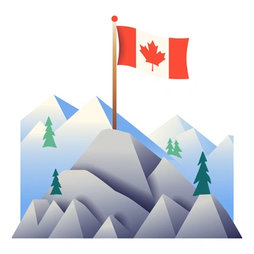 A Canadian flag, with its red and white colors and a prominent maple leaf, is waving proudly at the summit of a snow-capped mountain peak. The flag is firmly attached to a wooden flagpole that stands tall against the clear blue sky. Below the peak, rugged rocky terrain is visible, showcasing shades of gray and brown. In the background, additional mountains stretch into the distance, their slopes dotted with patches of green pine trees. The scene captures the strength and beauty of nature alongside the national emblem.
