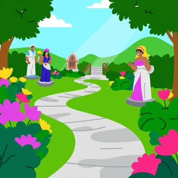 A garden filled with vibrant greenery and colorful flowers in full bloom. The garden showcases lifelike statues, each depicting different characters and scenes that appear to narrate a story. The statues are intricately detailed, with expressions that convey emotion and movement. Sunlight filters through the leaves, casting playful shadows on the ground, while a stone pathway winds its way through the garden, inviting exploration.
