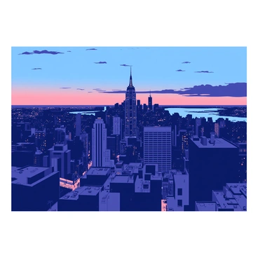 A panoramic view of the New York City skyline at dusk, where the buildings are silhouetted against the deepening sky. The skyline features a variety of skyscrapers, prominently including the iconic Empire State Building. Lights from the buildings are twinkling, illuminating the urban landscape. Below, the streets are bustling with activity, with hints of cars and pedestrians visible. The sky transitions from a warm glow near the horizon to a darker blue, creating a striking contrast with the glowing city.