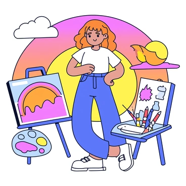A character named "Nami" is standing in a confident pose. She has bright orange hair that flows gently in the breeze. The sky behind her is a vibrant blend of oranges, pinks, and purples, indicating a sunset. Around her are various art tools, such as paintbrushes, colored pencils, and a palette with splashes of paint. She is surrounded by finished art creations, including a canvas with a colorful painting and a sketchbook open to a page filled with drawings. The overall composition highlights her artistic spirit amidst the striking colors of the sunset.