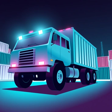 A large truck with bright, powerful headlights illuminating the scene around it. The truck has a rugged design, with heavy-duty tires and a metallic body that reflects the light. It is parked in an expansive industrial area filled with large machinery and containers. The night sky is dark, creating a stark contrast with the bright lights from the truck and the various illuminated elements of the industrial complex. Shadows are cast sharply across the ground, highlighting the textures of the asphalt and the surrounding structures.