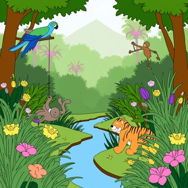 A vibrant jungle scene filled with lush green foliage and towering trees. The jungle is teeming with exotic animals, including a bright blue parrot perched on a branch, a playful monkey swinging from the vines, and a small orange tiger resting among the tall grass. Colorful flowers bloom throughout the scene, their petals in shades of pink, yellow, and purple. A winding stream flows gently through the jungle, reflecting the sunlight that filters through the canopy above. In the background, large, mysterious plants with unusual shapes and vibrant colors add to the sense of adventure, inviting exploration and discovery.