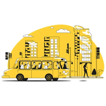 A yellow bus filled with commuters is driving through a contemporary city. The bus has large windows showing people inside, some seated and others standing. The cityscape features tall buildings with glass facades on either side of the street. In the background, there are traffic lights and a crosswalk, while a few pedestrians are walking along the sidewalk. The sky above is clear with a few clouds.