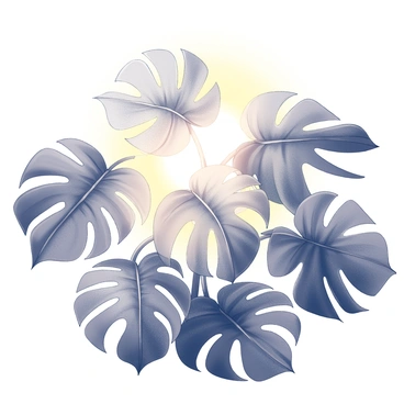 A collection of large monstera leaves with distinct holes and splits in their structure. The leaves have a glossy texture and are positioned in a way that they catch the light. The scene is illuminated by the warm light of a setting sun, creating striking contrasts between the leaves and their surroundings. The sun's rays highlight the intricate patterns of the leaves, showcasing their vibrant form against a softly blurred backdrop.