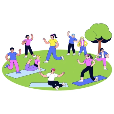 A group fitness class in a park setting with several participants engaged in exercises. The participants are dressed in colorful athletic clothing, some wearing headbands. There is a female instructor at the front, leading the class with an energetic posture. The grass is green, and there are a few trees in the background providing shade. Some participants are performing squats, while others are stretching or jumping. Nearby, there are yoga mats spread out on the ground where some individuals are practicing poses. The sun is shining brightly, illuminating the scene.