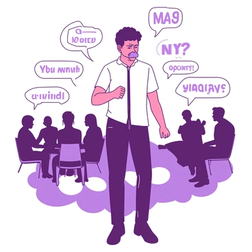 A figure stands in the center of the image with a "zipped-up mouth," represented by a visible zipper fully closed across their lips. The figure appears tense, with furrowed brows and clenched fists, showcasing a sense of struggle and frustration. They are surrounded by a "cloud of muted colors" that conveys the weight of their unspoken thoughts. The background features silhouettes of various people engaged in conversation, emphasizing the isolation felt by the figure. "Words" in the form of translucent letters float around, symbolizing their thoughts trapped within.