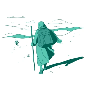 A teal nomad is walking through a white desert landscape, surrounded by rolling sand dunes. The nomad is dressed in loose, flowing clothing that billows gently in the breeze. A large rucksack is slung over one shoulder, while the other hand grips a sturdy wooden walking stick. The sun casts shadows on the dunes, highlighting the rippled texture of the sand. In the distance, a few sparse desert plants dot the landscape, adding to the sense of isolation.