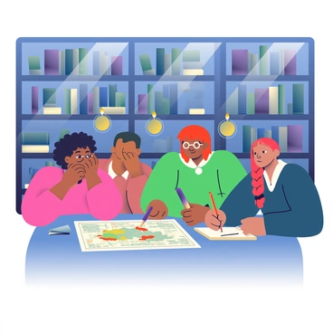 A group of four students is gathered in a dimly lit magical library, their faces illuminated by the soft glow of floating candles above. Each student is holding a wand, which emits a faint light, creating an atmosphere of secrecy. The shelves around them are filled with ancient spellbooks and scrolls, some of which are slightly open, revealing mysterious texts. One student, with curly brown hair, is leaning in closely, whispering to the others with a concerned expression. Another student, with glasses and straight black hair, is looking around nervously, ensuring no one is eavesdropping. A third student, with bright red hair, is pointing at a map spread out on a nearby table that details their plan for the rebellion. The fourth student, with medium skin and long braids, is holding a quill and taking notes on a piece of parchment, capturing their ideas. The atmosphere is thick with tension and anticipation, as the students engage in their clandestine discussion.