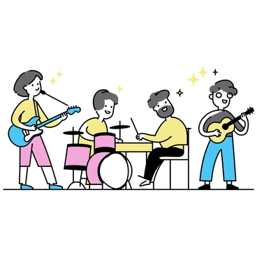 A band consisting of four members is performing on stage. The first member, a woman with short hair, is playing a bright blue electric guitar and singing into a microphone. The second member, a man in a wheelchair, is playing a red drum set, showing a focused expression. The third member, wearing glasses, is playing a yellow keyboard, tapping his foot to the rhythm. The fourth member, a tall man with a long beard, is holding an acoustic guitar and harmonizing with the lead singer. Each member is wearing unique outfits that reflect their individual personalities, with colorful lighting illuminating the stage.