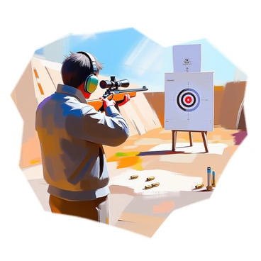 A target range scene featuring a figure standing confidently while holding a rifle. The figure has short dark hair and is wearing a fitted black shooting jacket and protective ear muffs. In the background, a series of targets are lined up at varying distances, with the furthest target clearly marked. An illustrated bullet path is shown in a curved line, demonstrating the trajectory as it travels toward the distant target. There are several empty bullet casings scattered on the ground, and a bright blue sky can be seen overhead.