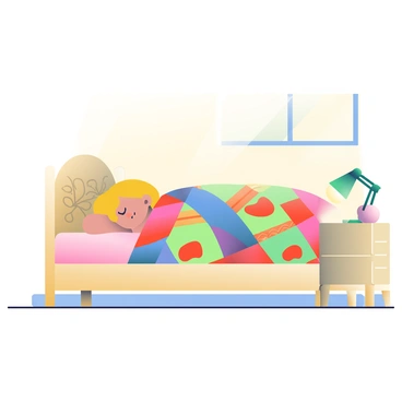 A young girl with golden hair is peacefully sleeping in the smallest bed. She is nestled under a colorful patchwork quilt that features a variety of geometric patterns and vibrant colors. The bed is made of light wood, and its headboard is adorned with carved floral designs. A small nightstand beside the bed holds a green ceramic lamp with a soft glow. The room has a cozy atmosphere, with walls painted in a warm beige hue and a window letting in gentle sunlight, casting soft shadows on the floor.