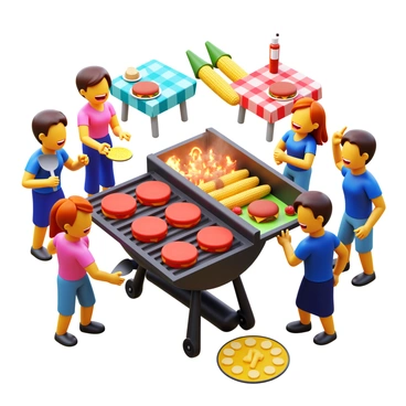 A backyard BBQ scene featuring a large charcoal grill with flames visible. There are several perfectly cooked burgers sizzling on the grill, with melted cheese oozing over the edges. Corn on the cob is arranged on a platter, some with butter and sprinkled with salt. A group of friends is gathered around the grill, laughing and enjoying their time together. One person is holding a spatula, while another is reaching for a burger. Colorful picnic tables are set up in the background, adorned with checkered tablecloths and condiments like ketchup and mustard.