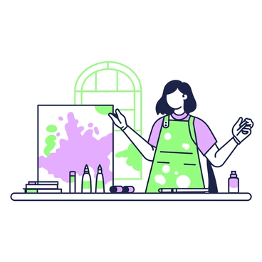 An artist is standing in front of a table covered with various sizes of illustration boards. The artist has medium-length hair and is wearing a paint-splattered apron over a simple shirt. They are holding a ruler in one hand and leaning slightly forward, examining a large board that is propped up against the table. Beside the artist, there are smaller boards stacked neatly, with one board partially pulled out. In the background, there is a window allowing natural light to illuminate the scene, highlighting the different textures of the boards. On the table, there are also tubes of paint and brushes arranged beside the boards.