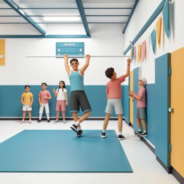 A high school gym with bright fluorescent lights illuminating the space. Two friends are engaged in a friendly pull-up competition. One friend, wearing a blue tank top and black shorts, is gripping the pull-up bar with determination, while the other friend, in a red t-shirt and gray sweatpants, is preparing for their turn. Both friends are smiling and encouraging each other, with a scoreboard in the background showing their scores. Other students are watching and cheering, adding to the lively atmosphere of the gym. The floor is covered in blue mats, and colorful banners hang from the walls.