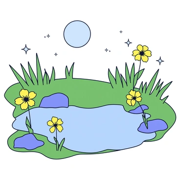 Evening primroses with bright yellow petals are blooming along the edge of a tranquil pond. The pond reflects the soft light of a full moon, casting a gentle glow on the water's surface. Surrounding the pond, there are smooth stones and lush green grass. In the background, tall grasses sway slightly in the evening breeze. The sky is dotted with a few stars, adding to the serene atmosphere of the scene.