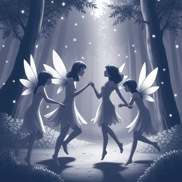 A group of delicate fairies is gracefully dancing in a dark forest. Each fairy has translucent wings that glimmer with intricate patterns. The fairies are wearing flowing garments that flutter as they move. Surrounding them, numerous fireflies are glowing softly, creating a shimmering light that illuminates the dense trees and underbrush. The forest is filled with tall, slender trunks and thick foliage, adding to the enchanting atmosphere. The ground is covered with soft ferns and moss, providing a lush carpet for the fairies as they twirl and leap in harmony with each other.