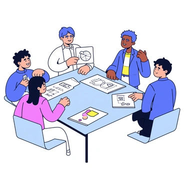 A large table is filled with various sketches and prints spread out across its surface. Around the table, a diverse team of individuals is engaged in collaboration. There are two men and two women, each contributing to the discussion. One woman is pointing at a print while another is holding a sketch pad. The men are looking at the sketches with thoughtful expressions. The atmosphere is focused and productive, with the sketches displaying a variety of designs and concepts related to a project.
