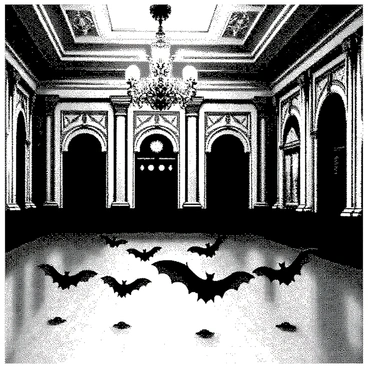 A grand Victorian ballroom features intricate architectural details, with high ceilings adorned with elaborate moldings and large, ornate chandeliers hanging down. The wooden floor reflects the soft illumination from the chandeliers above. Bats with delicate wings are arranged in pairs, gracefully suspended in mid-air, as if dancing elegantly. Their tiny bodies are engaged in a synchronized movement, adding a whimsical touch to the otherwise sophisticated setting. The walls are richly decorated with floral patterns, enhancing the opulent atmosphere of the scene.