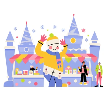 Cuphead, a cartoon character with a cup-shaped head and straw, is smiling as he enjoys a vibrant winter festival. Surrounding him are beautifully crafted ice sculptures, including a towering ice castle and playful animal figures. Colorful banners and lights adorn the stalls, where warm hot cocoa is being served in festive mugs. Snowflakes gently fall from the sky, adding to the cheerful atmosphere. In the background, other characters are seen enjoying the festivities, creating a lively and joyful scene.