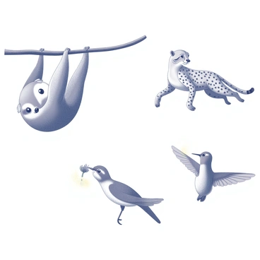A sloth hangs lazily from a tree branch, its long limbs draping down as it gazes calmly ahead. A cheetah is depicted mid-sprint across an open plain, its body streamlined and muscles taut, conveying speed and agility. A hummingbird hovers in mid-air, wings a blur as it prepares to sip nectar from a flower. Each animal is surrounded by an aura that visually represents its metabolic rate: the sloth's aura is gentle and slow-moving, the cheetah's is dynamic and vibrant, while the hummingbird's is quick and fluttering.