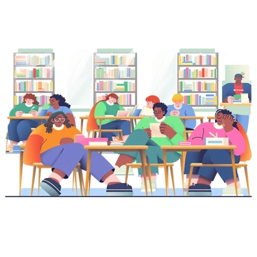 A busy library at BCU is filled with students engaged in reading and studying. In the foreground, several rustic wooden tables are occupied by groups of students, some sitting closely together while others work independently. Each table is adorned with open books, laptops, and notebooks. A student with curly hair and glasses is focused on a textbook, while another student with long hair types on a laptop. The library’s tall shelves are filled with books, creating a warm and inviting atmosphere. Sunlight streams through tall windows, casting soft light across the room. In the background, a librarian is organizing books on a nearby shelf.