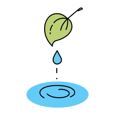 A green leaf with a smooth surface is depicted, with a clear droplet of water poised at its tip. The droplet is shown as it falls from the leaf, captured in mid-air. Below, a small puddle reflects the surrounding environment, and the water surface is disturbed by the droplet, creating concentric ripples that spread outward. The focus is on the moment of impact, emphasizing the interaction between the droplet and the water below.