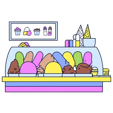 An ice cream parlor with a bright, inviting exterior. The front counter is made of polished wood and features a glass display that showcases an array of colorful ice cream scoops. Each scoop is a different vibrant shade, including pink, green, yellow, and brown. The ice cream is neatly arranged in metal containers, and there are various toppings like sprinkles and chocolate sauce available nearby. The background includes a menu board with playful illustrations of ice creams and dessert items.