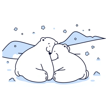 Two polar bears are nestled closely together in a snow-covered landscape. The bears have thick, white fur that blends into the surrounding snow. They are lying on their sides, with their bodies curved against each other in a spooning position. Soft snowflakes gently fall around them, and the ground is blanketed in a thick layer of powdery snow. In the background, there are softly rolling hills also covered in snow, and the sky is a muted gray, indicating a cold and serene day.