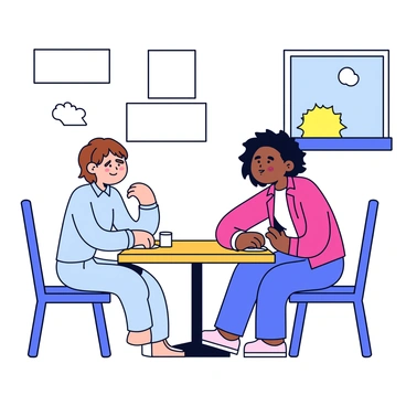 A diner sitting at a square wooden restaurant table. The diner has short brown hair and is wearing a light blue shirt. They look uncomfortable as they sit in a simple chair. Across from them is an unwelcome person with messy black hair and a bright red jacket, leaning forward with an eager expression, trying to engage the diner. The table is set with a small salt shaker and a napkin holder. Behind the diner, there are simple wall decorations, and a window shows a glimpse of a sunny day outside.
