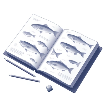 An artist's sketchpad is open on a flat surface, displaying a page filled with intricate pencil sketches of halibut. Each halibut is drawn from different angles and perspectives, showcasing their unique shapes and features. Some sketches depict the fish swimming gracefully, while others illustrate the detailed textures of their skin. The page is filled with various sizes of halibut, and annotations in fine handwriting describe the elements of each sketch. The surrounding area includes a few scattered pencils and a small eraser, emphasizing the artistic process.