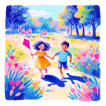A pair of children of different ethnicities are playing together in a park. One child, a girl with curly black hair, is wearing a bright yellow dress and is holding a red kite. The other child, a boy with straight brown hair, is wearing a blue t-shirt and denim shorts. They are laughing and running across a grassy field, surrounded by colorful flowers and green trees. In the background, there are other families enjoying the sunny day.