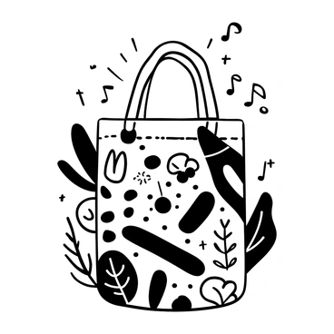 A tote bag featuring intricate patterns that evoke the energy of summer music festivals. The bag is adorned with various geometric shapes, floral motifs, and abstract designs that suggest movement and vibrancy. The straps of the tote are sturdy and woven, giving it a textured appearance. Surrounding the bag are small musical notes and symbols, hinting at the theme of music. The overall composition is dynamic and lively, capturing the essence of a fun and festive atmosphere.