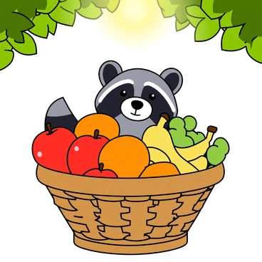 A cute raccoon with gray fur and distinctive black markings around its eyes is peeking out from inside a wicker basket. The basket is round and intricately woven, showcasing a variety of colorful fruits piled inside. There are bright red apples, yellow bananas, vibrant oranges, and green grapes spilling over the edges of the basket. The raccoon's curious expression, with its little ears perked up, adds an endearing touch to the scene. Sunlight filters through the leaves above, creating a warm and inviting atmosphere around the basket.