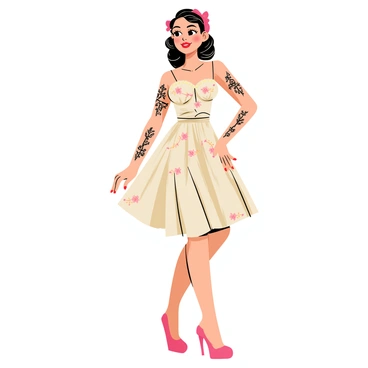 A pin-up girl posing confidently in a vintage dress that flows elegantly around her. The dress features a classic floral print with a fitted bodice and a flared skirt that reaches just above her knees. She has vibrant red lips and styled curls that cascade over her shoulders. Her arms showcase elegant tattoos, each detailed with intricate designs that complement her look. The background is simple to keep the focus on her, while she strikes a playful pose, exuding charisma and charm.