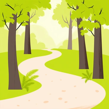 A winding forest path that curves gently through the scene. The path is made of soft earth and scattered with small pebbles. Tall trees with thick trunks rise on both sides, their vibrant green leaves creating a dense canopy. Dappled sunlight filters through the leaves, casting playful shadows on the ground. Ferns and small shrubs grow along the edges of the path, adding to the lushness of the environment. The atmosphere is tranquil, with a subtle sense of depth created by the layers of foliage.