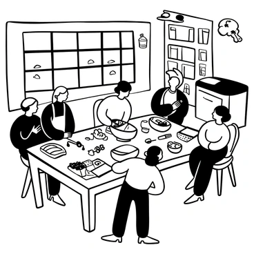 A spacious kitchen filled with natural light, where several participants are gathered around a large wooden table. Each person is focused on their own workstations, surrounded by bowls filled with gluten-free ingredients like almond flour and yeast. One participant is measuring out ingredients while another stirs a mixing bowl filled with dough. There are baking sheets lined with parchment paper and freshly shaped loaves ready to rise. The atmosphere is bustling, with kitchen utensils and measuring cups scattered across the table. "Gluten-Free Bread Making Class" is written on a large chalkboard in the background.