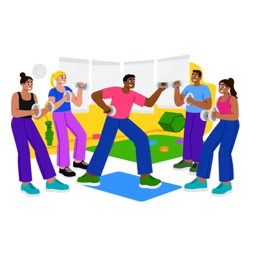 A fitness instructor demonstrating a dumbbell row to a group of diverse individuals in a brightly lit gym. The instructor is positioned in the center, standing with one foot forward and holding a dumbbell in one hand, showing proper form. The group consists of various ages and body types, all holding dumbbells and mimicking the instructor's posture. The gym features large mirrors reflecting the scene, with exercise mats and colorful weights in the background. Everyone appears focused and engaged in the workout.