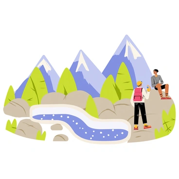 A natural hot spring tub in a mountainous area with hikers resting nearby