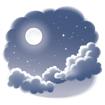 A night scene featuring a sky filled with clouds. The clouds are softly illuminated by a bright moon and scattered stars twinkle in the background. The moon hangs prominently, casting gentle light across the landscape below, while the stars provide a shimmering contrast against the dark sky.