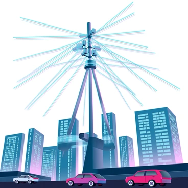 A tall, sleek antenna mounted on a modern city rooftop surrounded by glass skyscrapers. The antenna has multiple metallic arms radiating outward, adorned with glowing panels and lights. Electromagnetic waves are visually represented as vibrant, swirling lines of energy emanating from the antenna, creating a dynamic aerial pattern. The sky is clear with a faint sunset glow in the background, casting soft shadows on the rooftop. Below, bustling city streets filled with cars and pedestrians are visible, adding to the urban atmosphere.