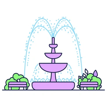 A water fountain is located in the center of a park, with a base made of stone. The fountain features multiple tiers, each gracefully curving inward. Water is being sprayed from the fountain in the shape of a parabola, creating an arc that beautifully captures the sunlight. The spray of water glistens in the air, droplets catching the light as they fall back into the basin below. Surrounding the fountain, there are flower beds with various plants, adding a natural feel to the scene. A few benches are positioned nearby, allowing visitors to sit and enjoy the view of the fountain.
