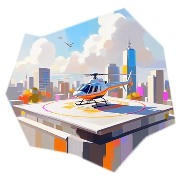 A detailed cityscape featuring a heliport prominently located on a rooftop. The heliport is marked with a large, bold "H" in the center, surrounded by safety markings. The city buildings are a mix of modern skyscrapers and older architecture, with glass facades reflecting sunlight. Approach paths are illustrated as dotted lines leading from different directions towards the heliport, indicating the designated flight paths. The skyline is filled with clouds, suggesting a sunny day, and a few birds can be seen flying in the distance.