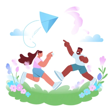 Two children are running in a vibrant field filled with colorful flowers and lush green grass. One child is holding a spool of string while the other is laughing and pointing at a colorful kite soaring high in the sky. The kite has a large, bright tail that flutters in the wind. A few fluffy clouds are scattered across the blue sky, adding to the cheerful atmosphere. The scene captures a moment of joy and freedom in the outdoors.