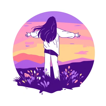 A person with long flowing hair is standing on a grassy hilltop with open arms, facing the horizon. The person is wearing a white shirt that billows gently in the wind. Below the hill, there are patches of colorful wildflowers swaying in the breeze. The sky above is a gradient of orange and purple, creating a stunning backdrop. The person's silhouette is outlined against the vibrant colors of the sunset as they embrace the scene before them.