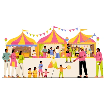 A vibrant Indian village festival scene featuring colorful tents and decorations. People dressed in traditional attire participate in various traditional games such as tug-of-war and sack races. There are musicians playing lively folk tunes with instruments like the dhol and flute. Vendors sell bright, decorative items and delicious snacks from their stalls. Groups of children are seen laughing and playing, while adults engage in conversations, creating a cheerful atmosphere filled with energy and excitement. Colorful banners and flags flutter in the background, adding to the festive ambiance.