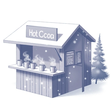 A hot cocoa stand made of wood, with a rustic design featuring a sloping roof and various mugs displayed on the front. The stand has a chalkboard menu hanging on one side, listing different hot cocoa flavors. There are several steaming mugs filled with hot cocoa on the counter, with wisps of steam curling up into the air. Snowflakes are gently falling around the stand, and the ground is covered in a thick layer of white snow. Pine trees can be seen in the background, their branches heavy with snow, creating a winter wonderland atmosphere.